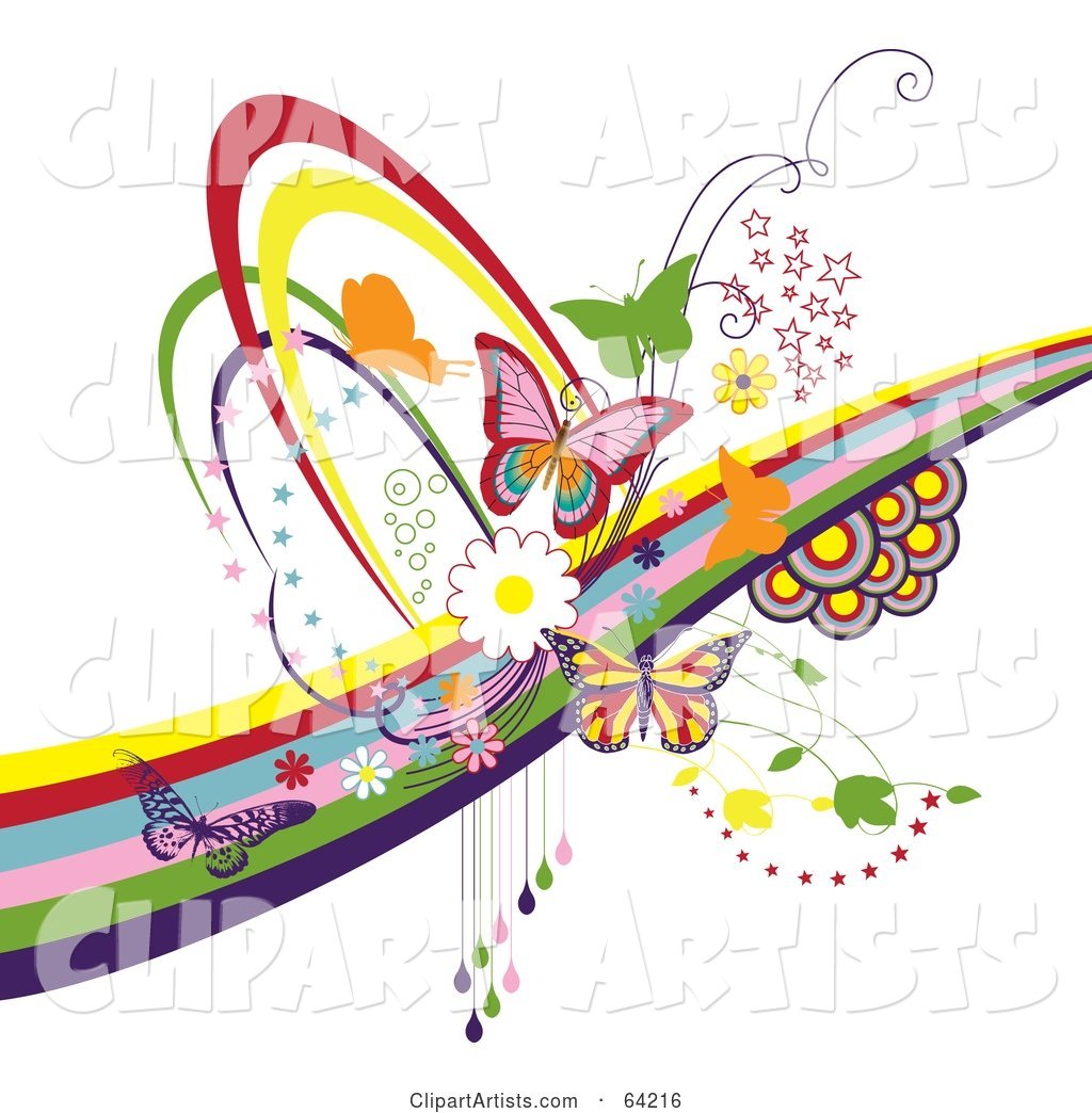 Background of Colorful Butterflies, Circles, Swooshes and Rainbows, on White
