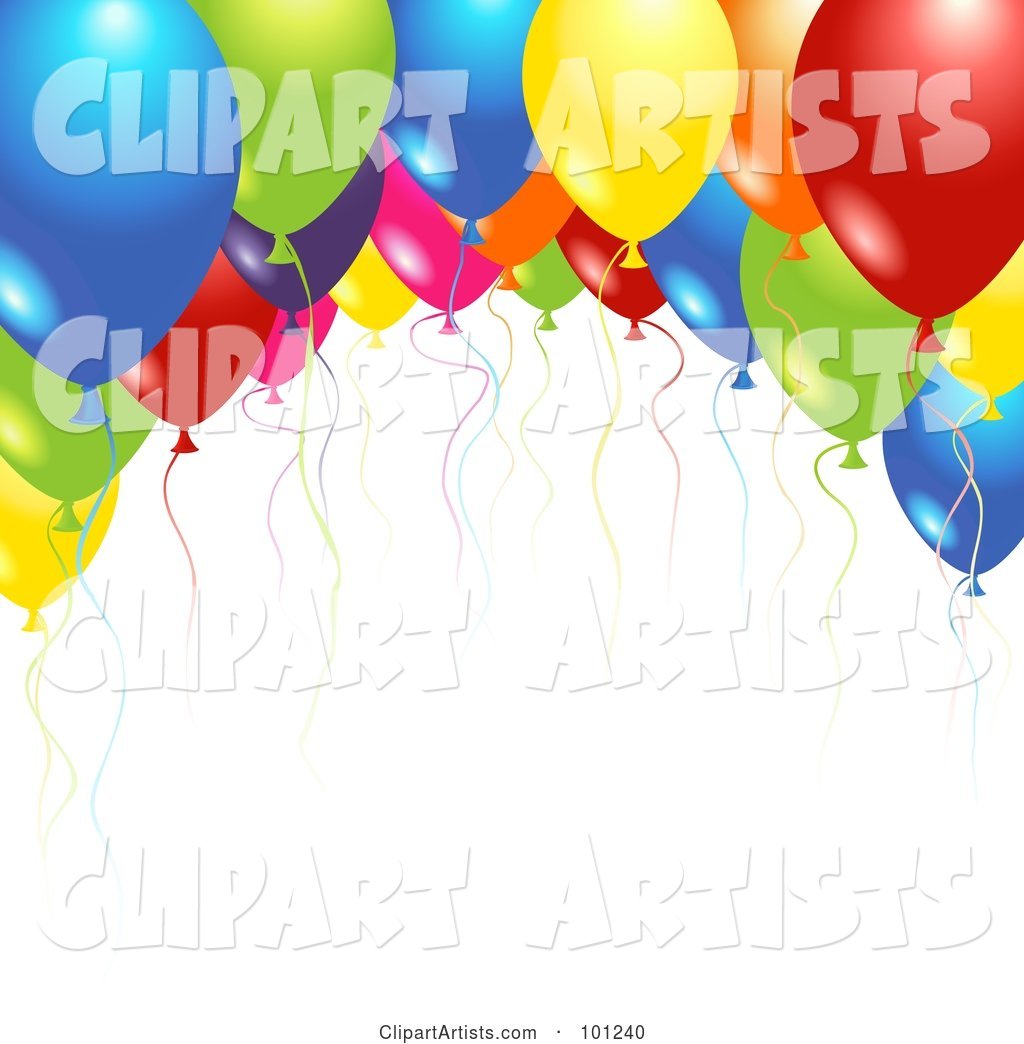 Background of Shiny Party Balloons and Colorful Ribbons over White