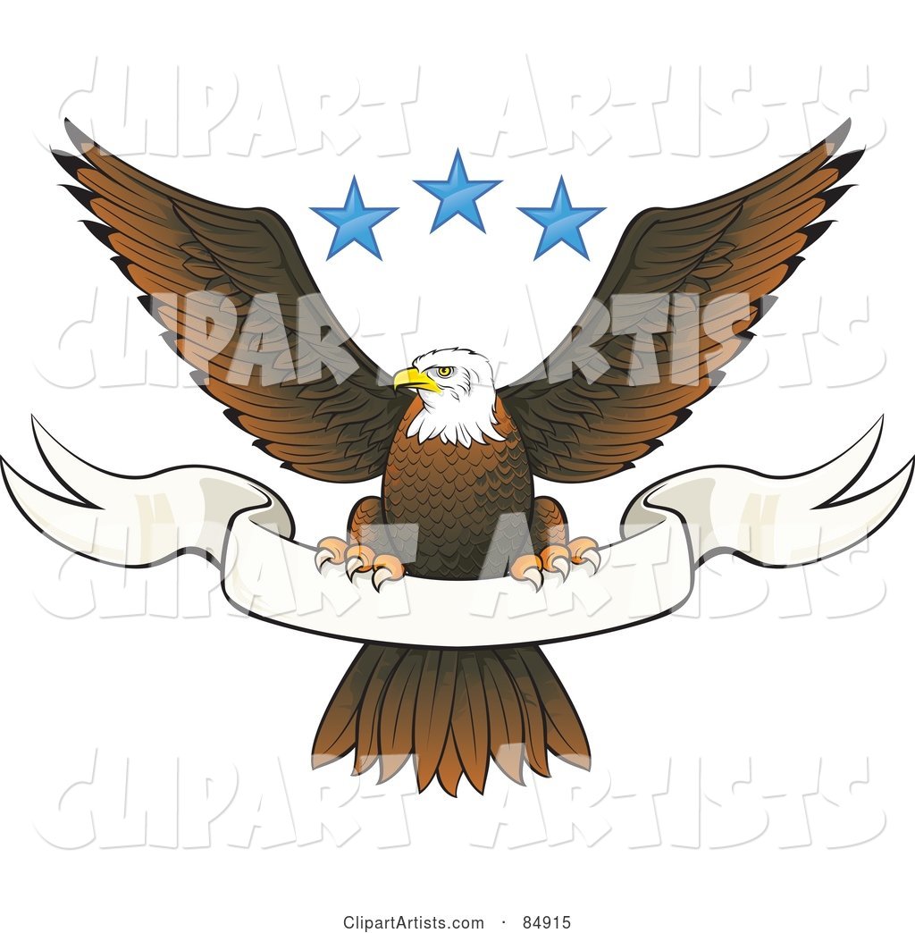 Bald Eagle Perched on a Blank White Banner Under Three Blue Stars