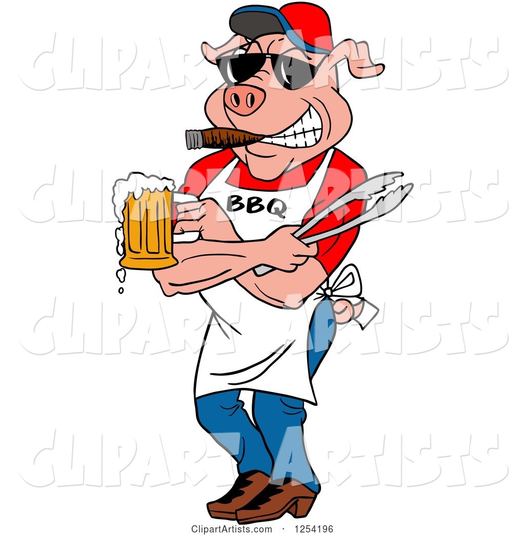 Bbq Pig Chef Holding Tongs, Wearing Sunglasses, Smoking a Cigar and Holding a Beer