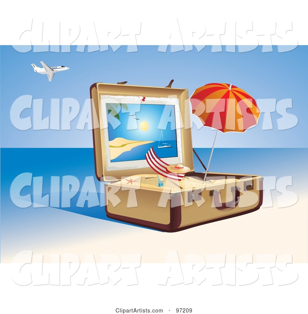 Beach Chair and Umbrella in a Suitcase of Sand on a Tropical Beach