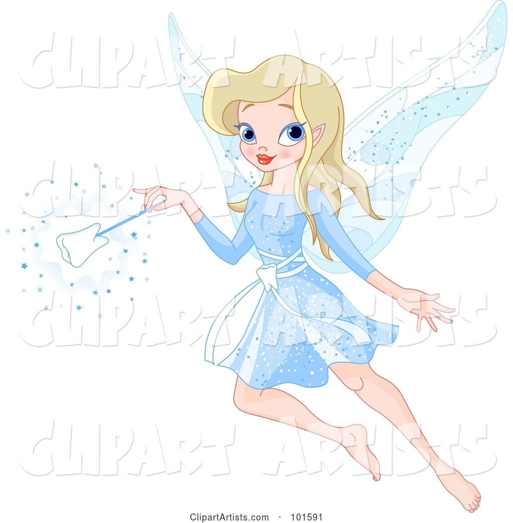 Beautiful Blond Tooth Fairy in Blue, with a Tooth Wand