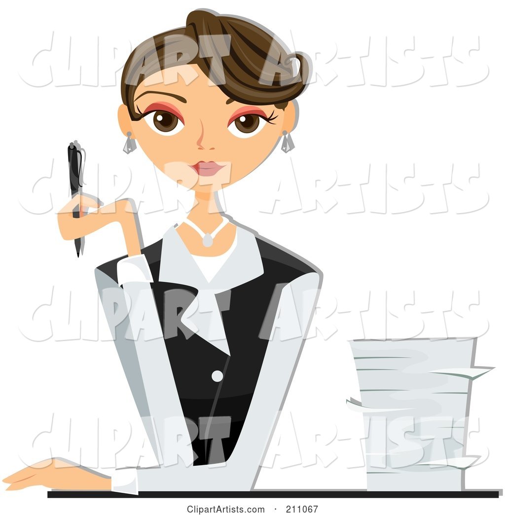 Beautiful Brunette Businesswoman Sitting at a Desk with a Stack of Paperwork