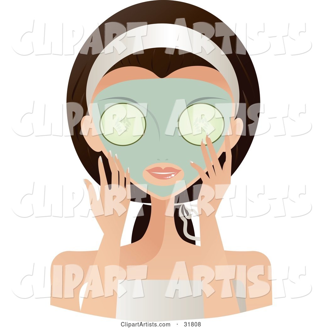 Beautiful Brunette Caucasian Woman with Green Eyes, Facing Front, Applying a Mask and Holding Cucumbers over Her Eyes