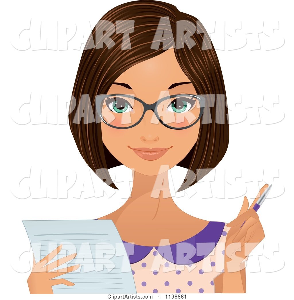 Beautiful Brunette Secretary Woman Wearing Glasses and Taking Notes