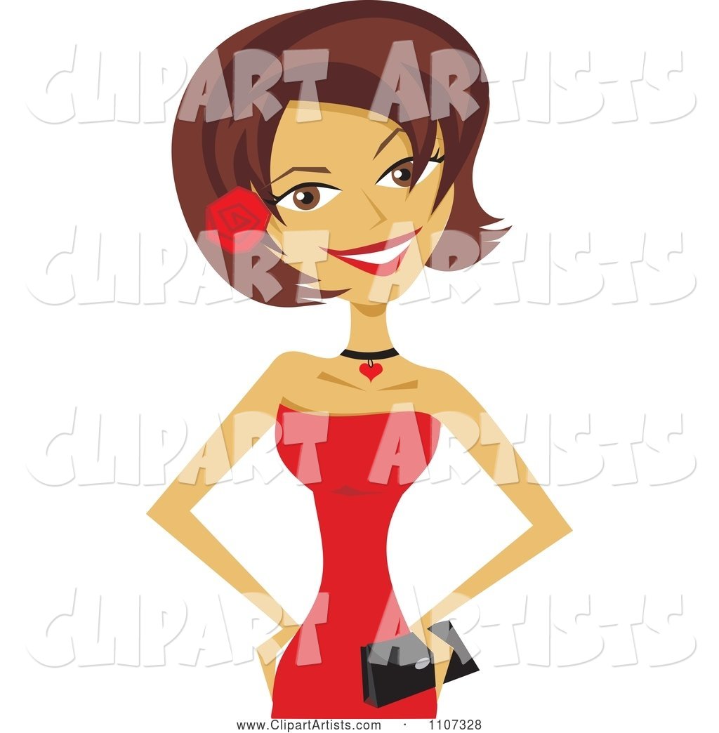 Beautiful Brunette Woman in a Red Dress with a Clutch and Red Rose in Her Hair