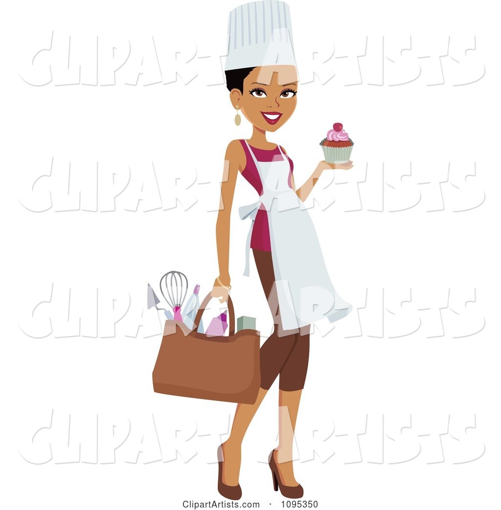 Beautiful Chef Woman Carrying a Cupcake and Bag of Kitchen Utensils