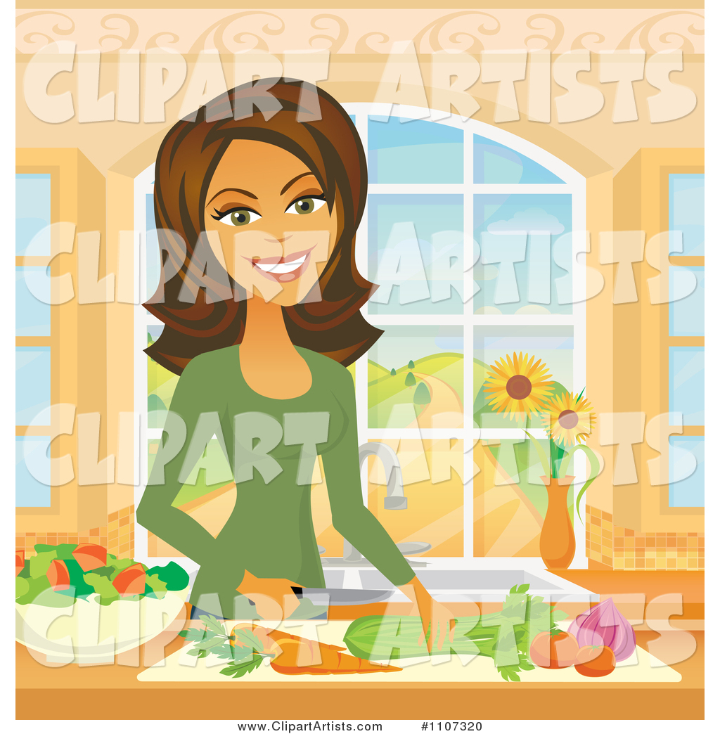 Beautiful Hispanic Woman Chopping Veggies in a Kitchen