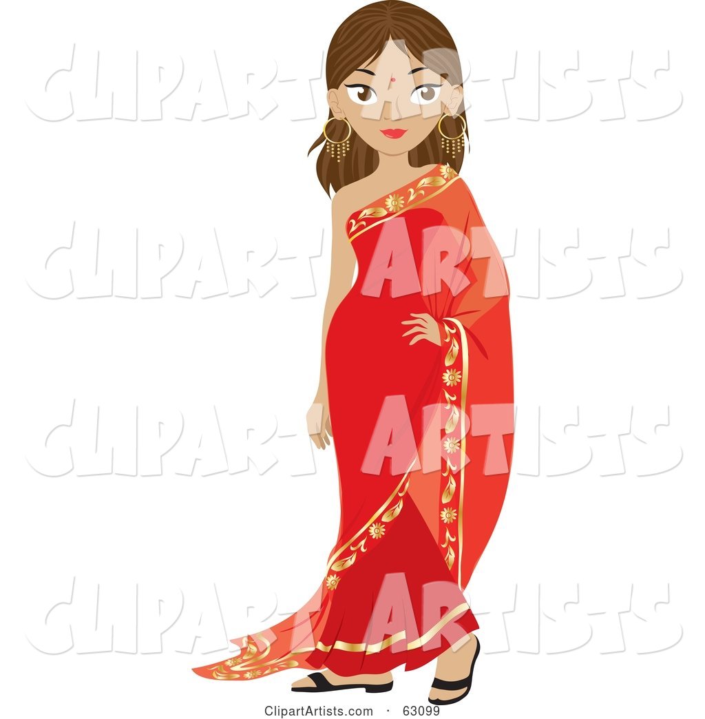 Beautiful Indian Woman Wearing a Bindi and a Red Dress