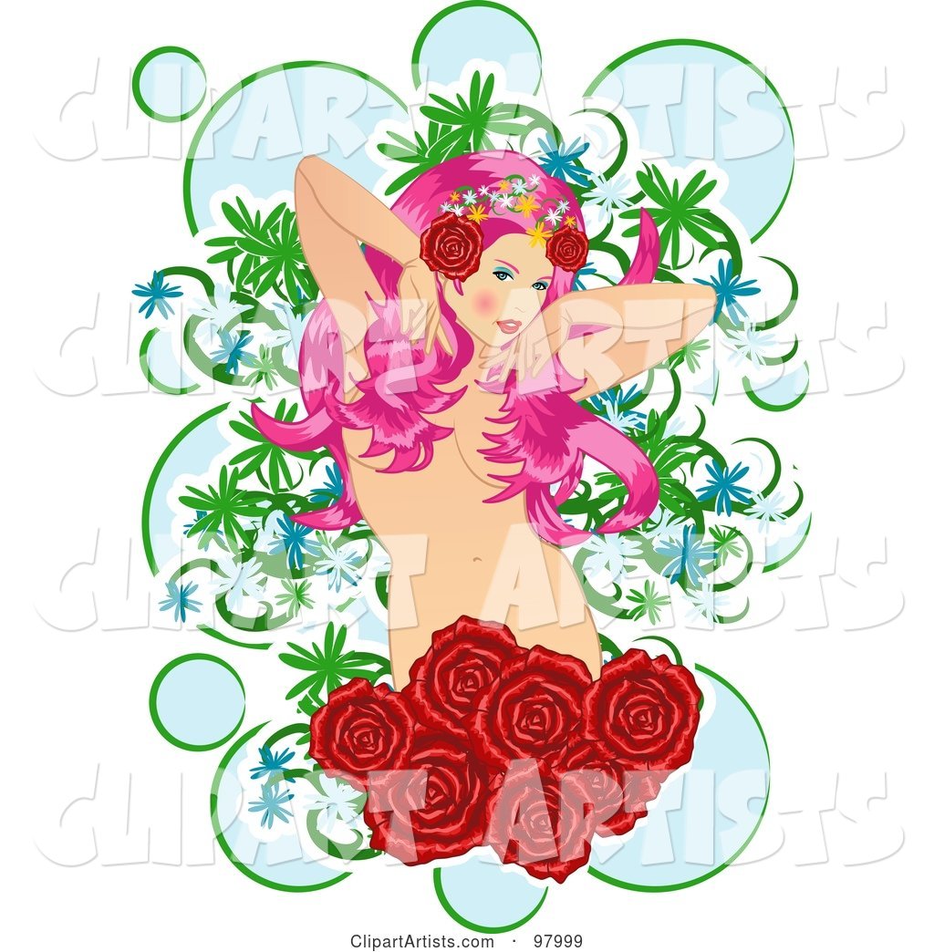 Beautiful Nude Pink Haired Woman with Roses and Bubbles