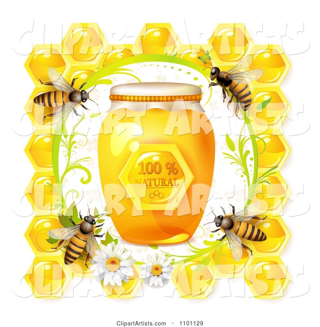 Bees over Honeycombs with a Daisy Frame and Jar of Natural Honey