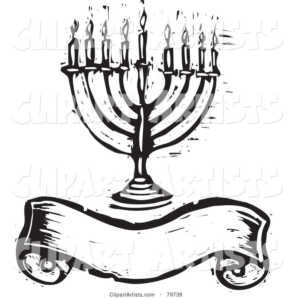 Black and White Carved Menorah over a Blank Banner