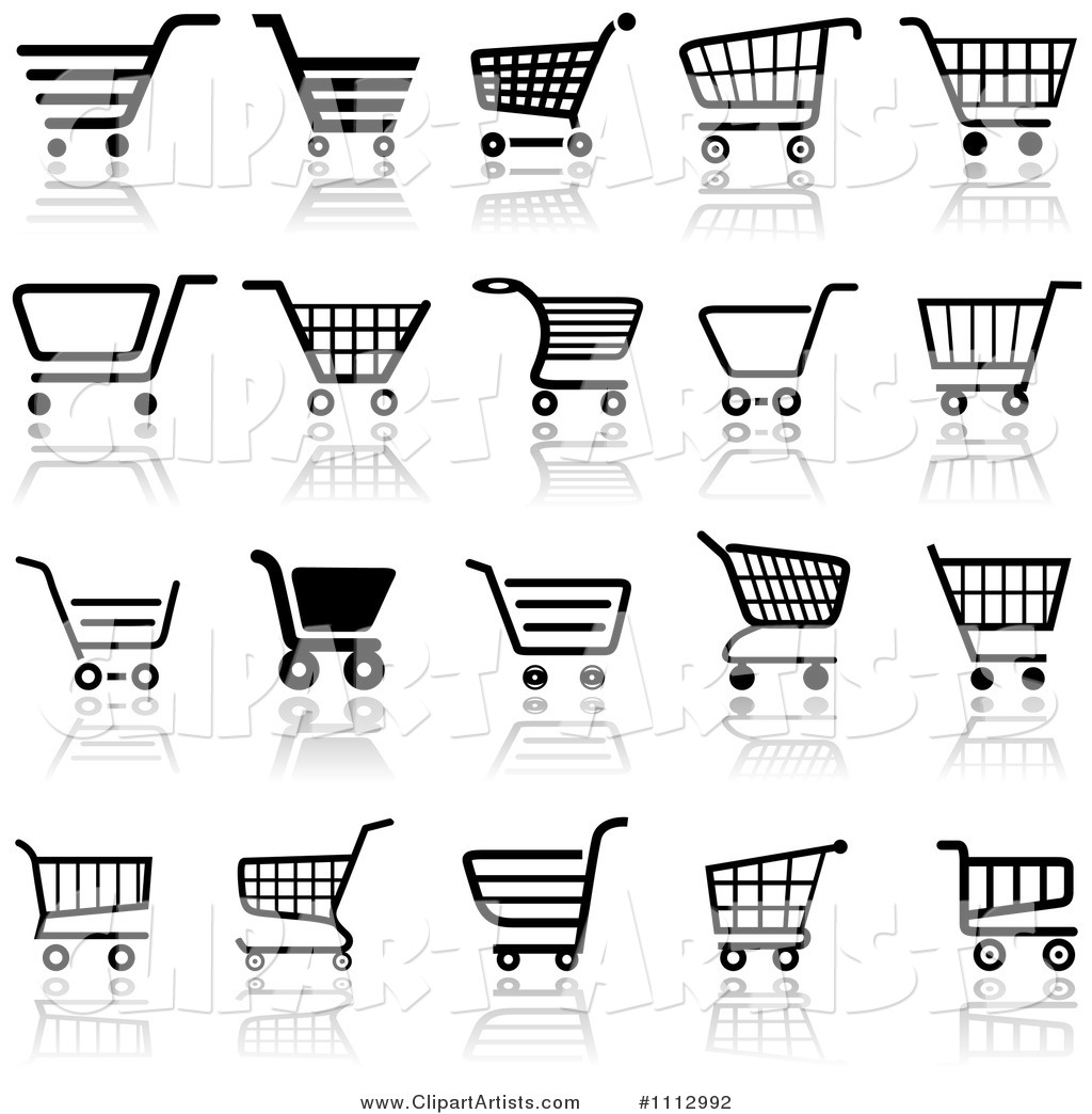 Black and White Checkout Shopping Cart Icons with Reflections