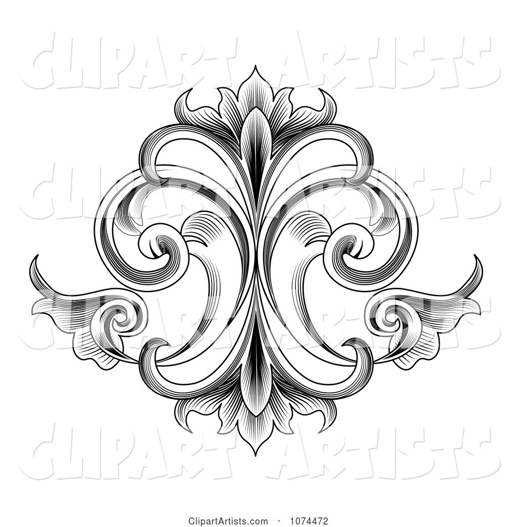 Black and White Engraved Victorian Floral Design Element