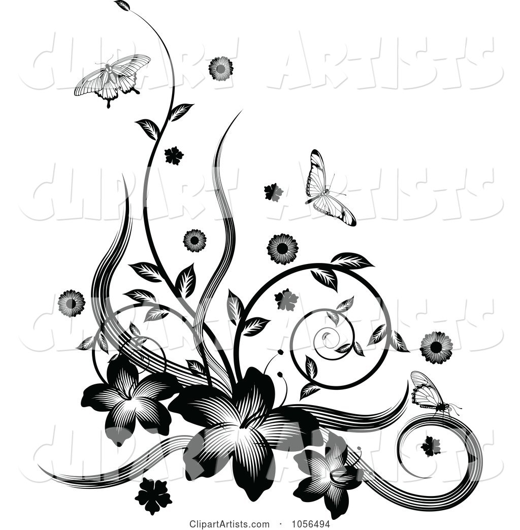 Black and White Floral Vine Corner Design with Butterflies