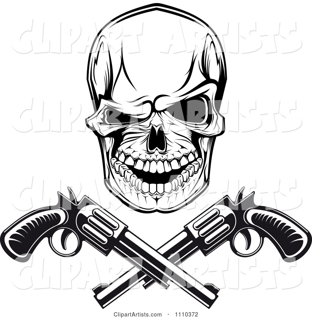 Black and White Gangster Skull with Crossed Pistols