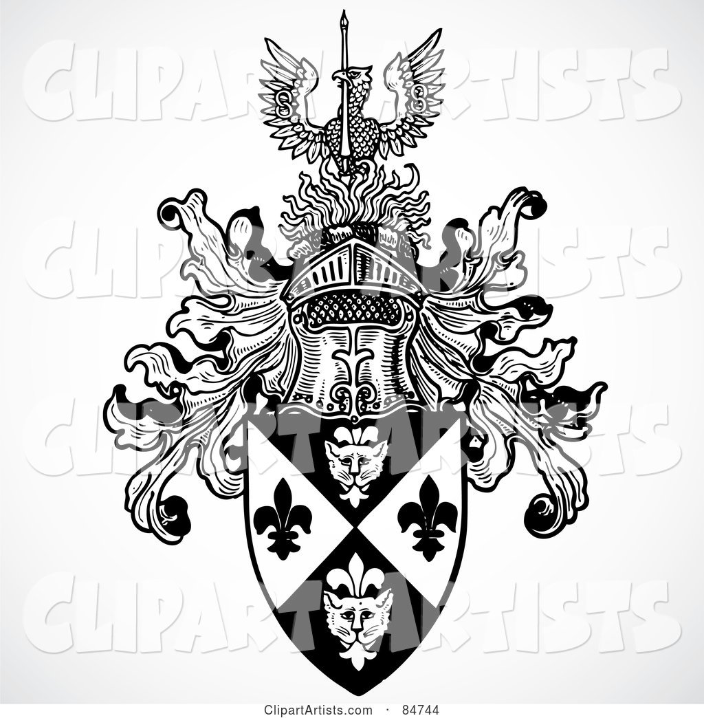 Black and White Knight Helmet and Shield with a Phoenix