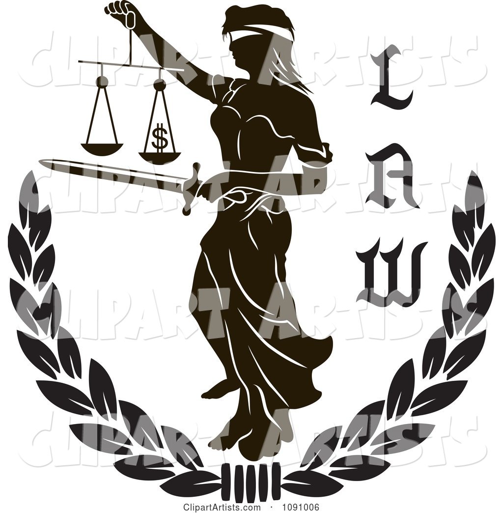 Black and White Laurel with Lady Justice and Law Text