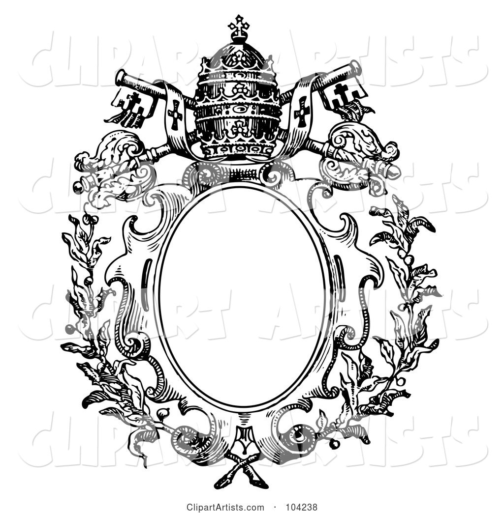 Black and White Medieval Crest Design with a Crown and Keys