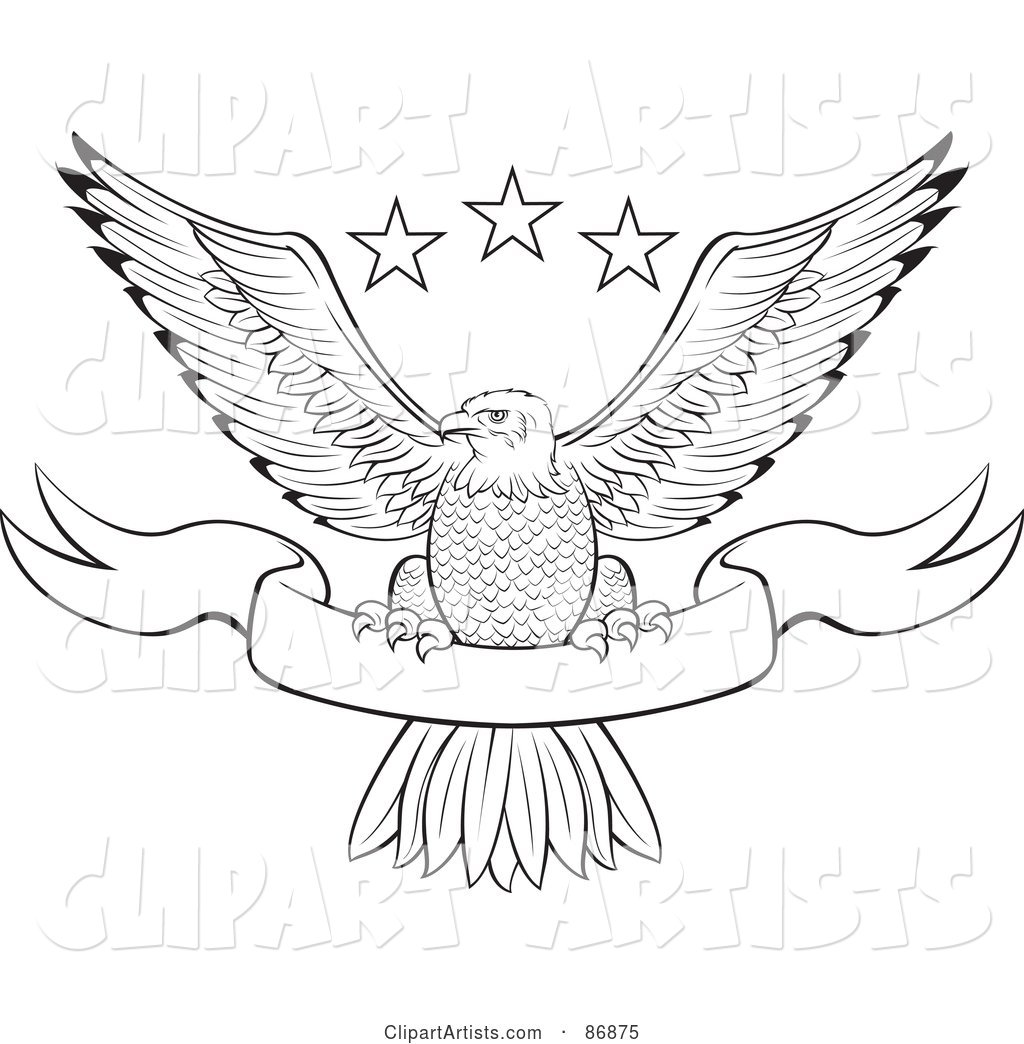 Black and White Outlined Bald Eagle with Stars and a Banner