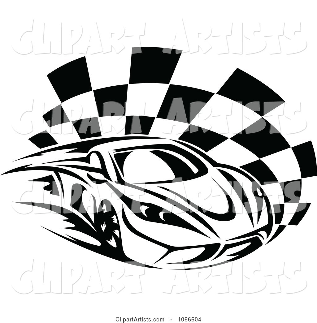 Black and White Race Car and Checkered Flag 1