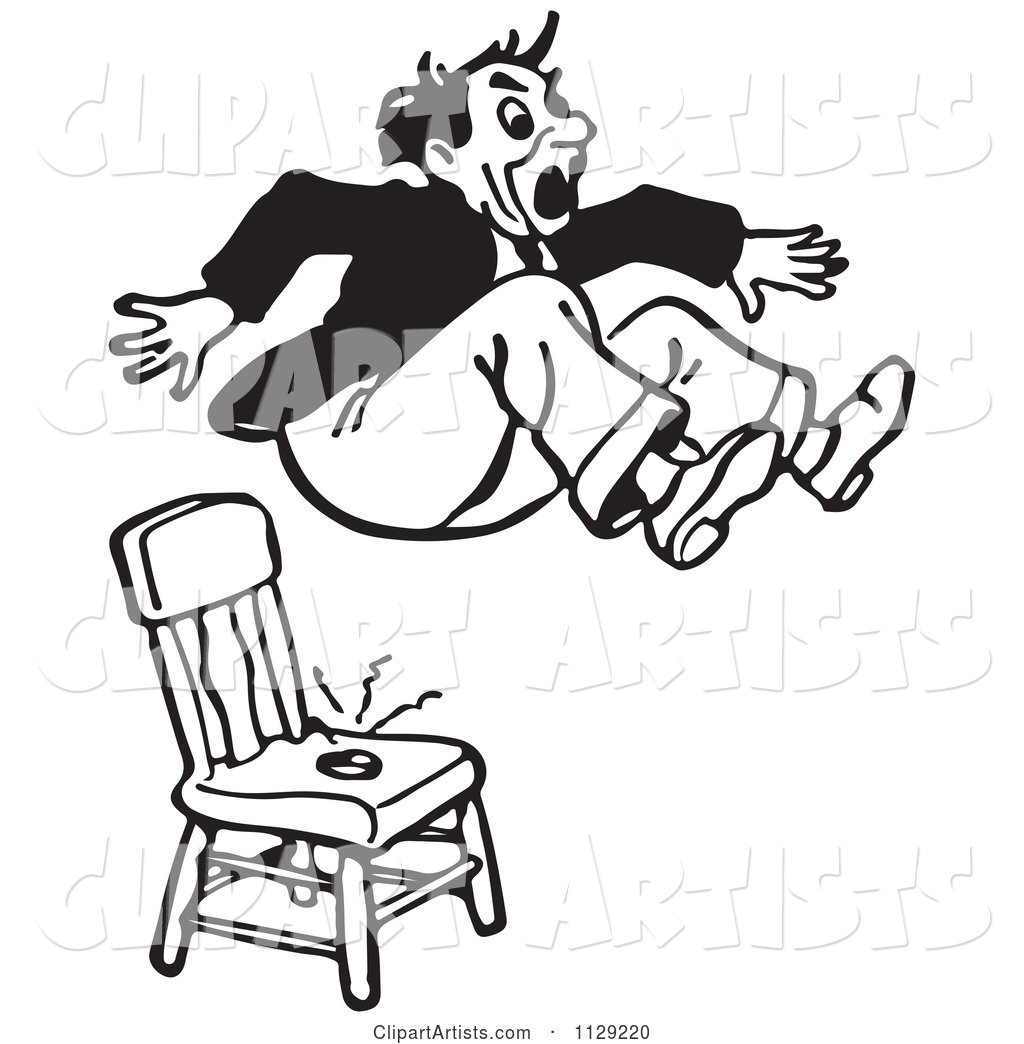 Black and White Retro Surprised Pranked Man Jumping out of a Shock Chair