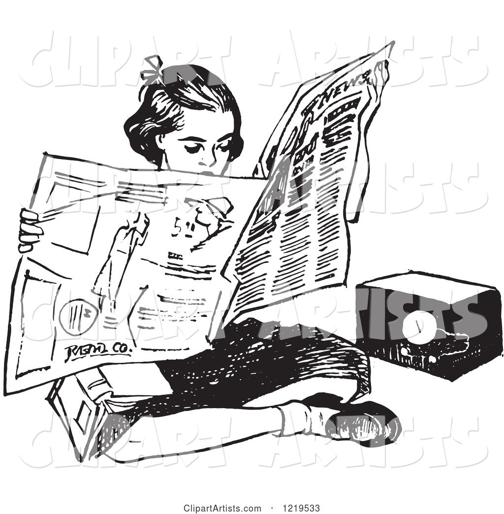 Black and White Retro Teen Girl Reading a Newspaper on the Floor