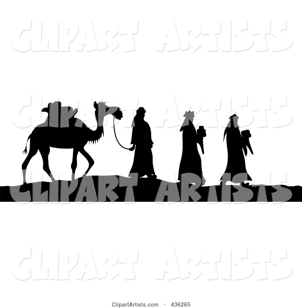 Black and White Silhouette of the Three Wise Men Bearing Gifts and Walking with a Came