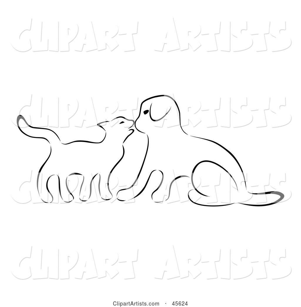 Black and White Sketch Outline of a Kitten Kissing a Puppy on the Nose
