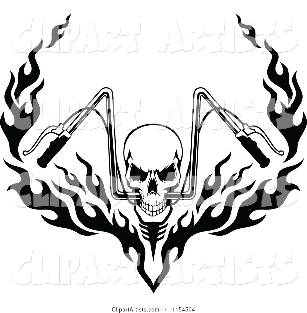Black and White Skull with Flaming Motorcycle Handlebars