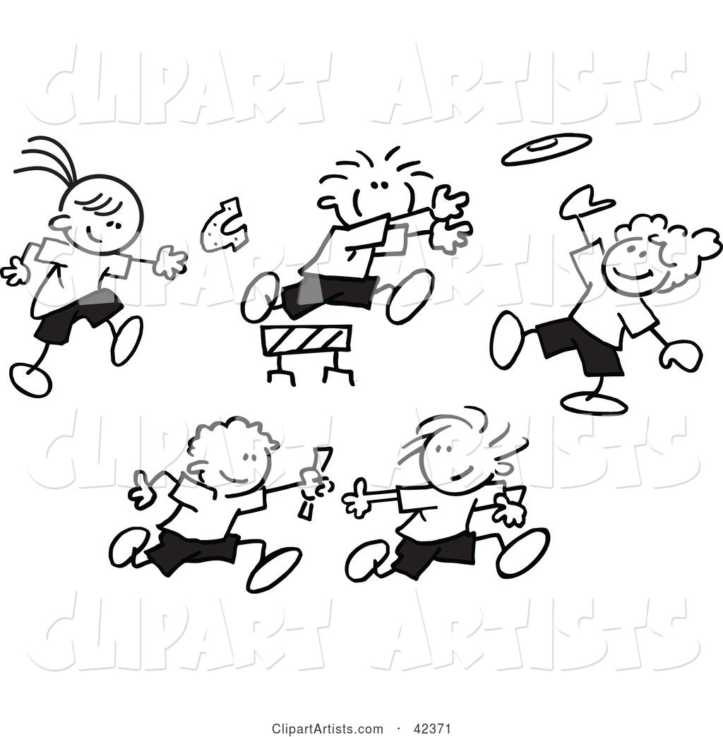 Black and White Stick Children Throwing Horse Shoes, Playing Frisbee, Jumping Hurdles and Running a Relay Race