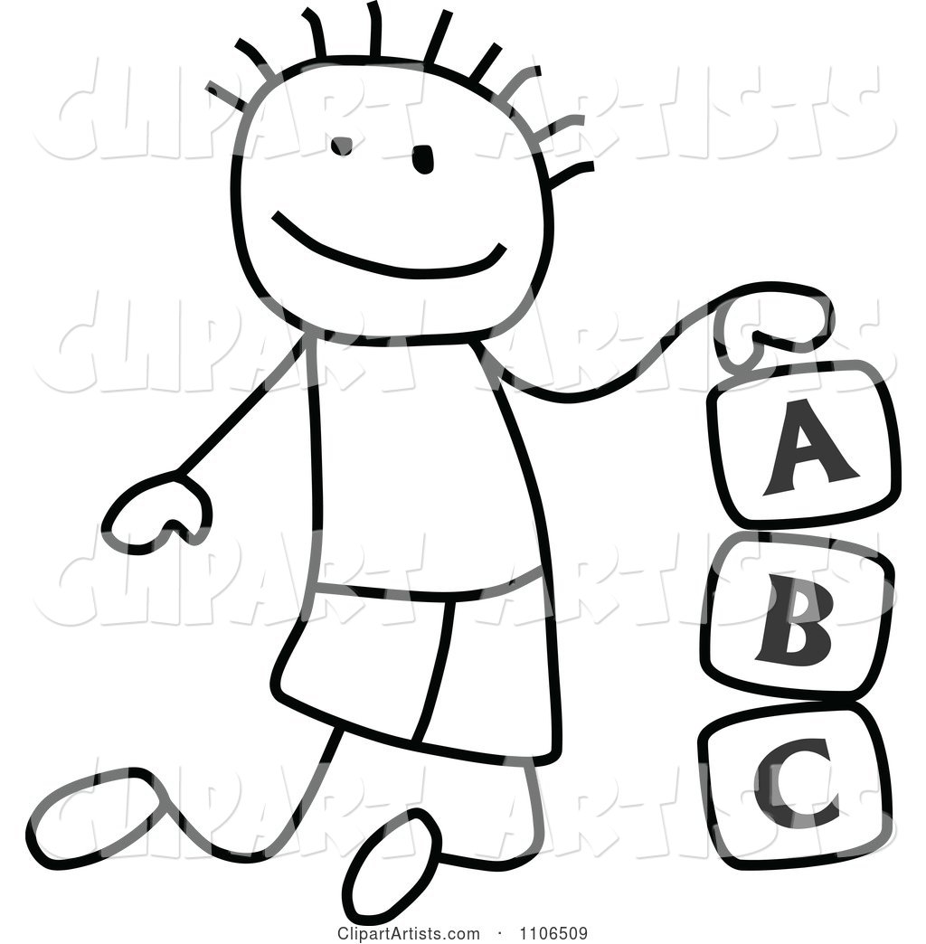 Black and White Stick Drawing of a Boy Playing with Letter Alphabet Blocks