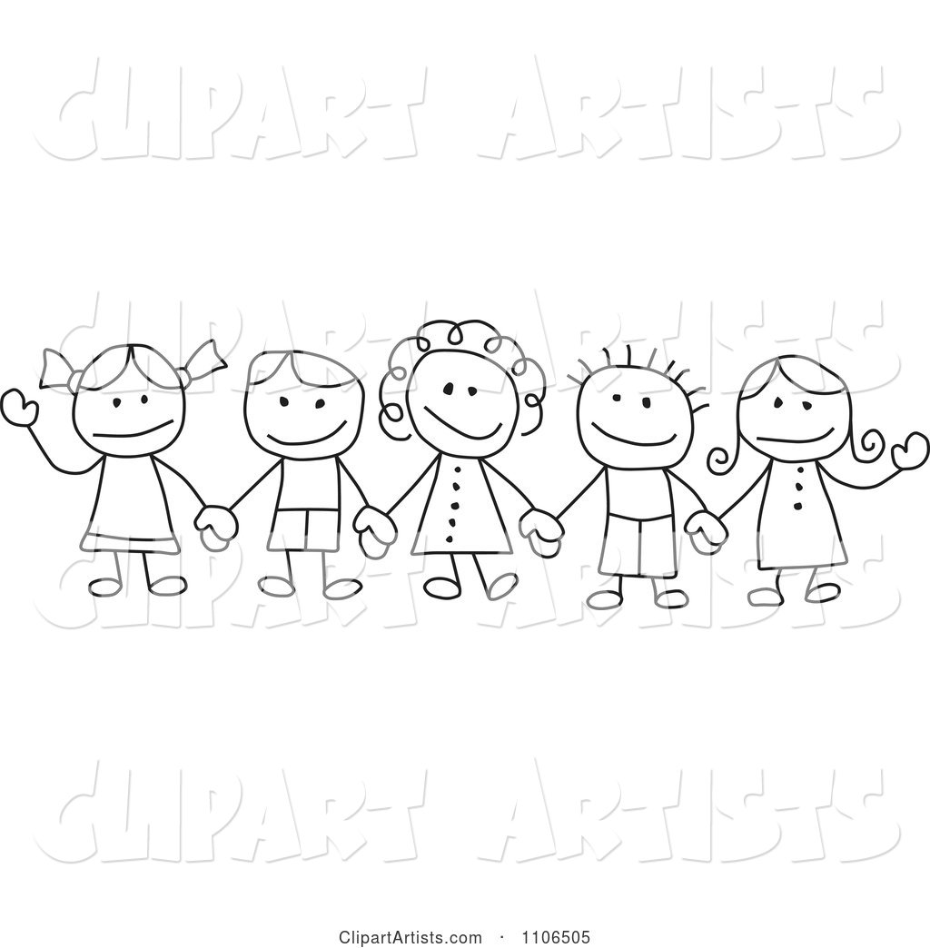 Black and White Stick Drawing of Multi Ethnic Children Holding Hands