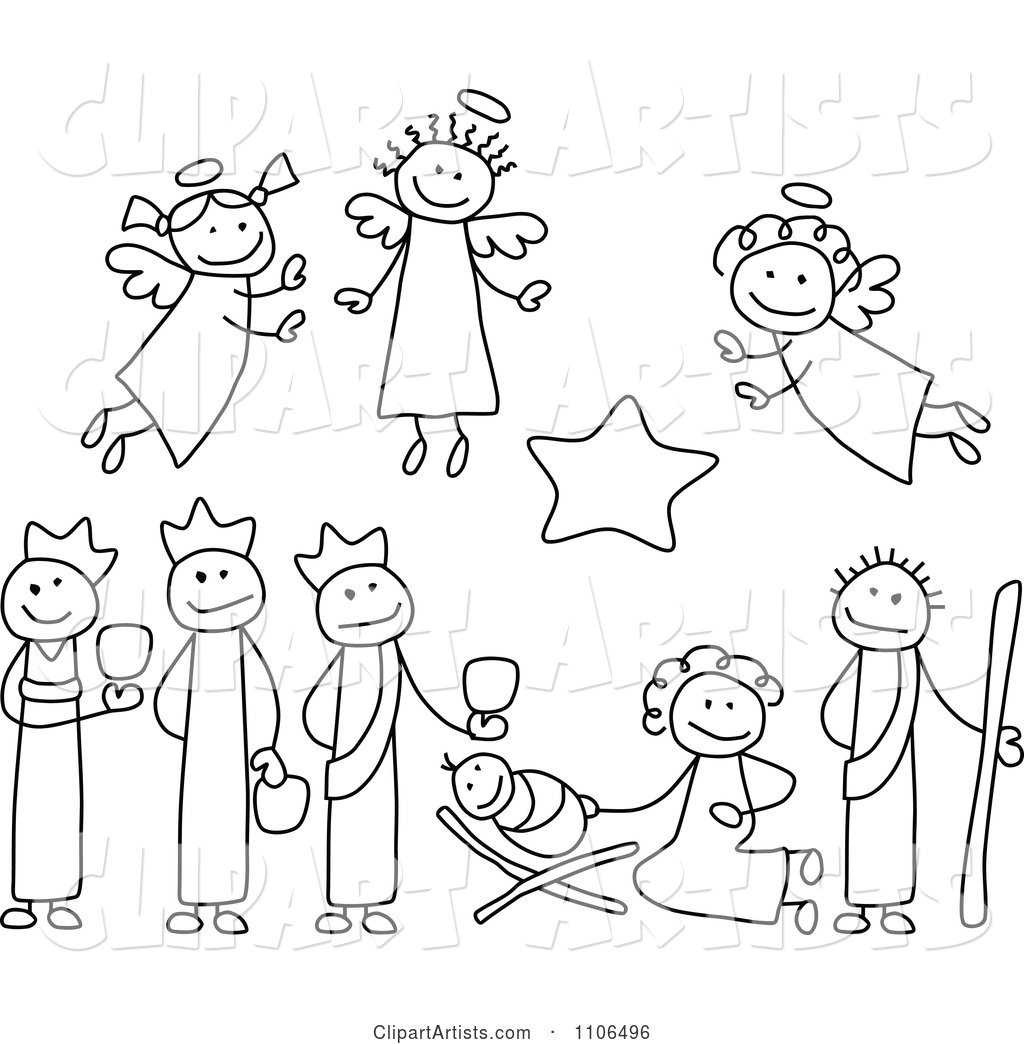 Black and White Stick Drawings of Nativity Scene People