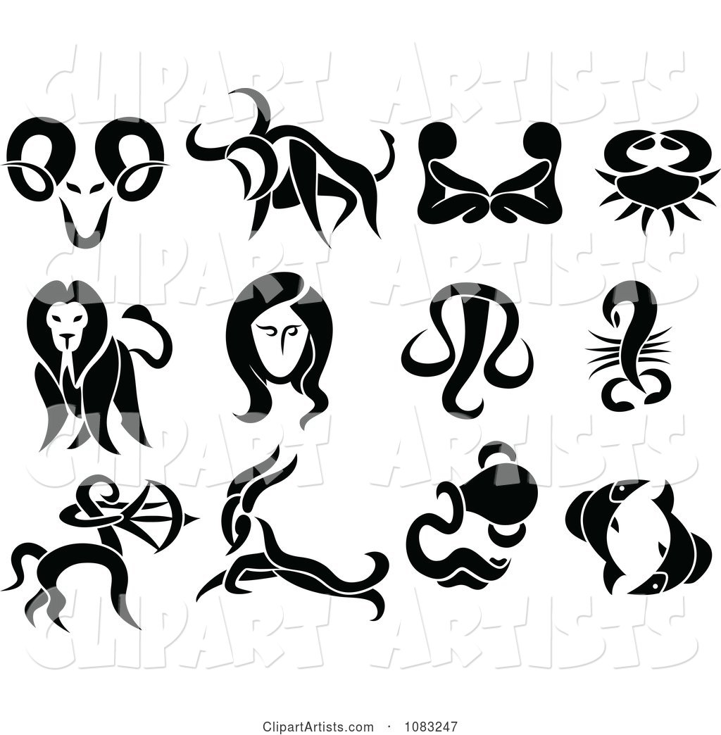 Black and White Tribal Astrology Zodiac Symbols