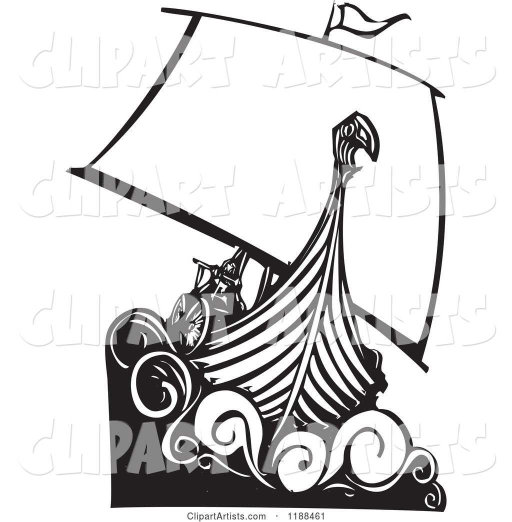 Black and White Viking Longship Boat Woodcut