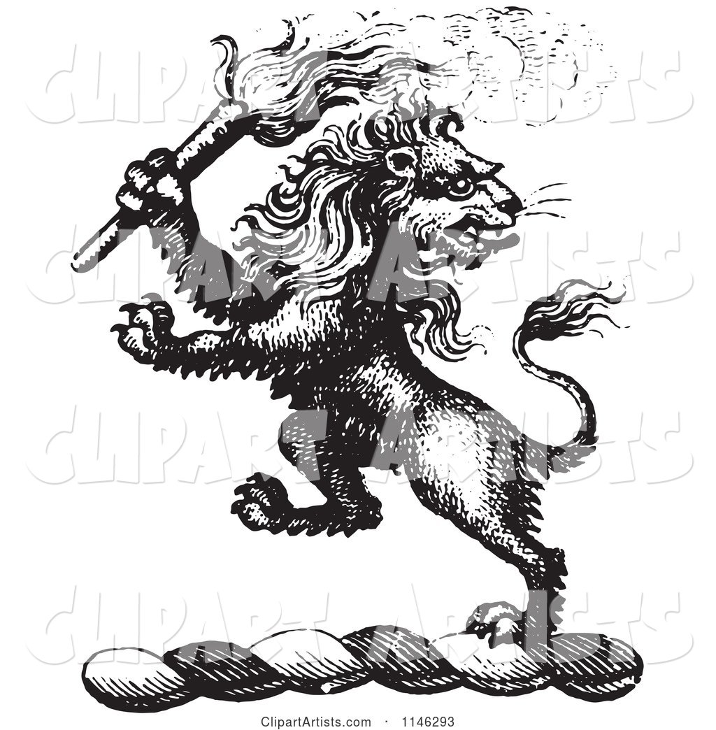 Black and White Vintage Lion Crest with a Torch