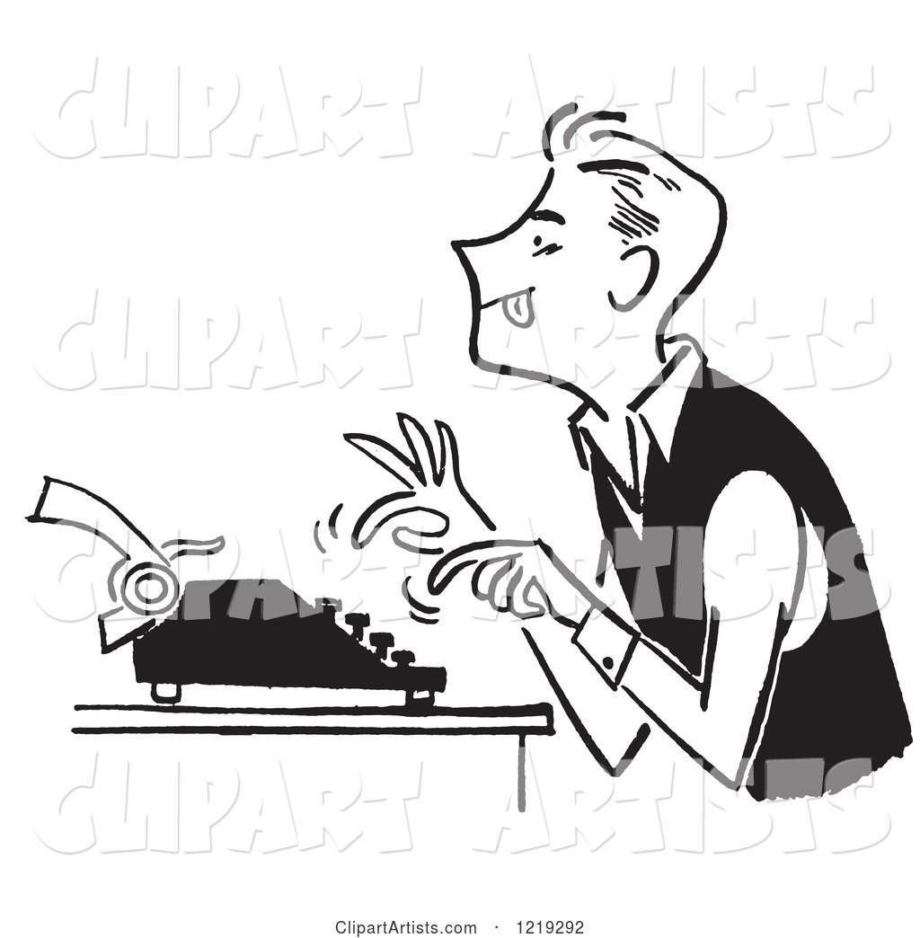 Black and White Vintage Man Using a Typewriter