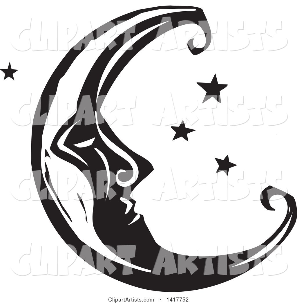 Black and White Woodcut Crescent Moon with a Face