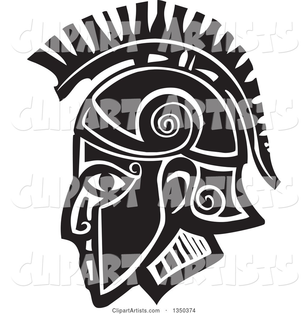 Black and White Woodcut Hoplight Grecian Spartan Soldier in Profile