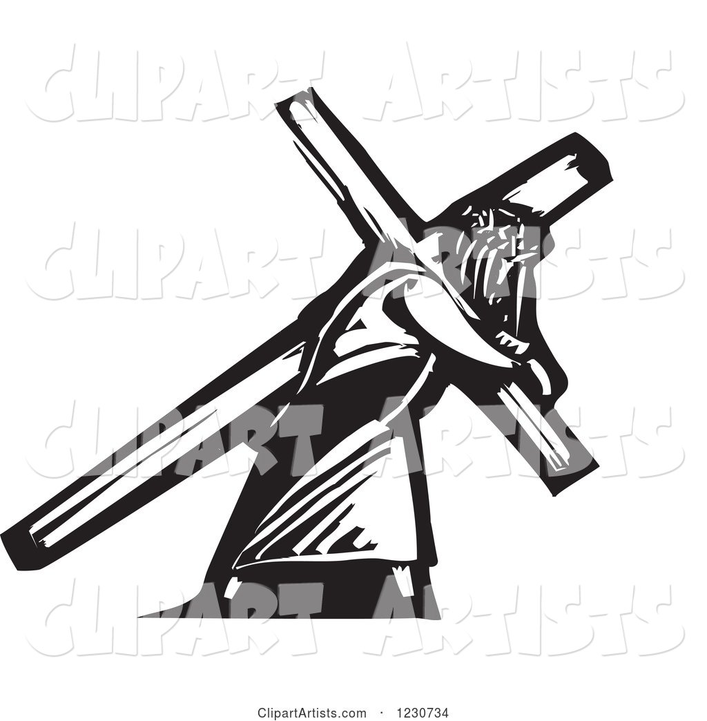 Black and White Woodcut Jesus Christ Carrying a Cross
