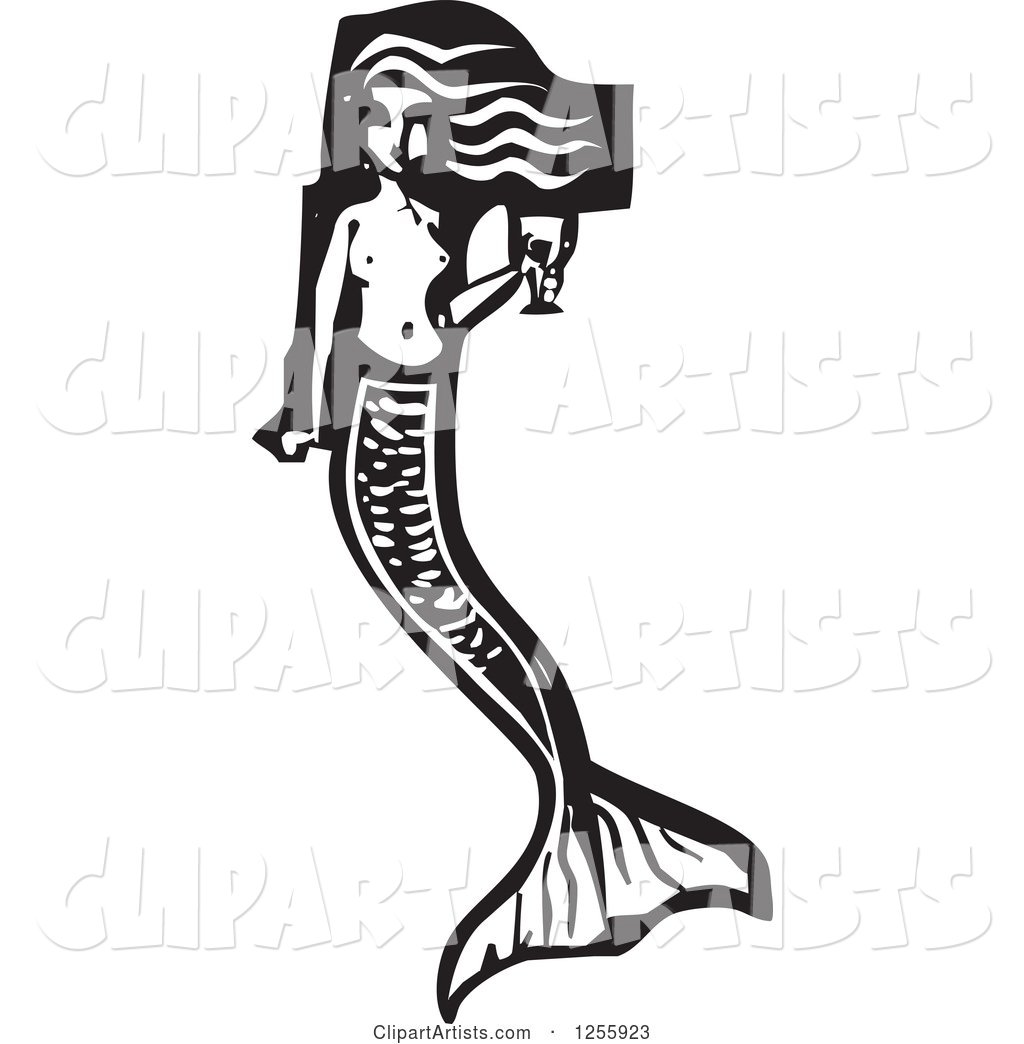 Black and White Woodcut Mermaid with a Goblet of Wine
