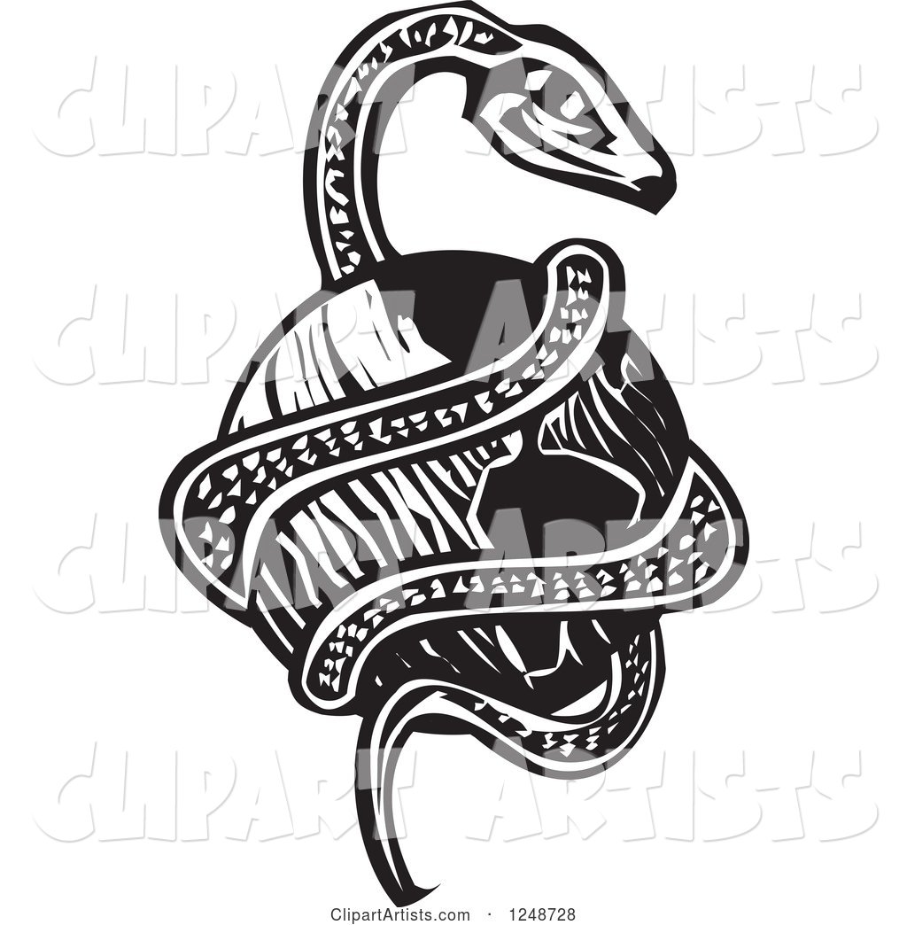 Black and White Woodcut Midgard Serpent Coiled Around Planet Earth