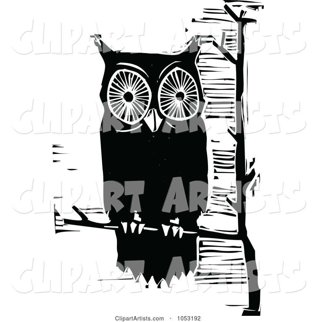Black and White Woodcut Styled Perched Owl