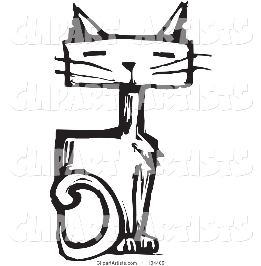 Black and White Woodcut Styled Sitting Cat