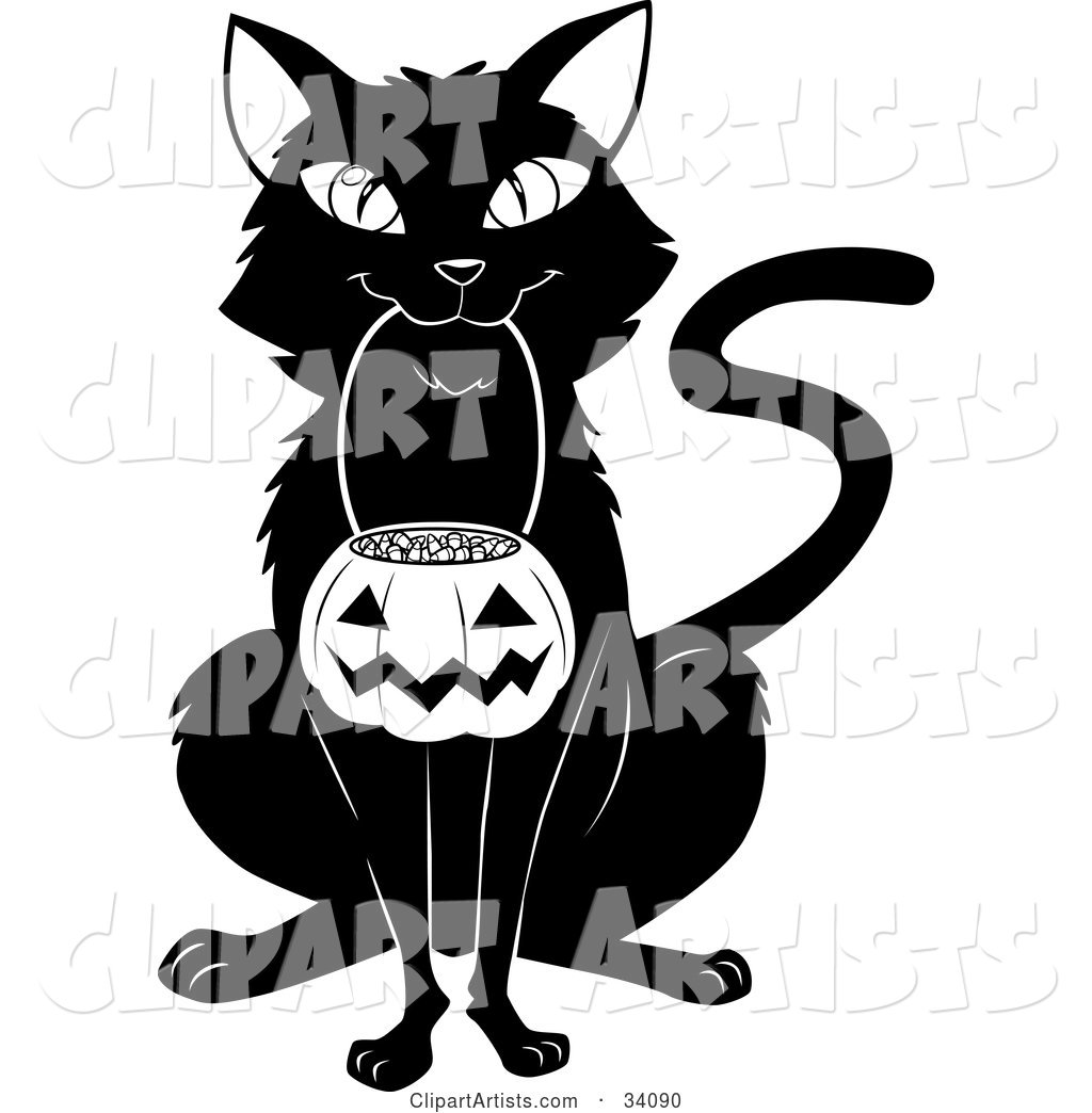 Black Cat Sitting and Carrying a Pumpkin Basket Full of Candy Corn in Its Mouth on Halloween