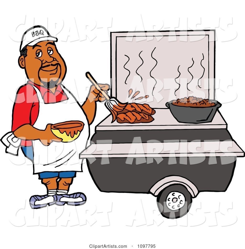 Black Chef Brushing BBQ Sauce over Meat on a Grill