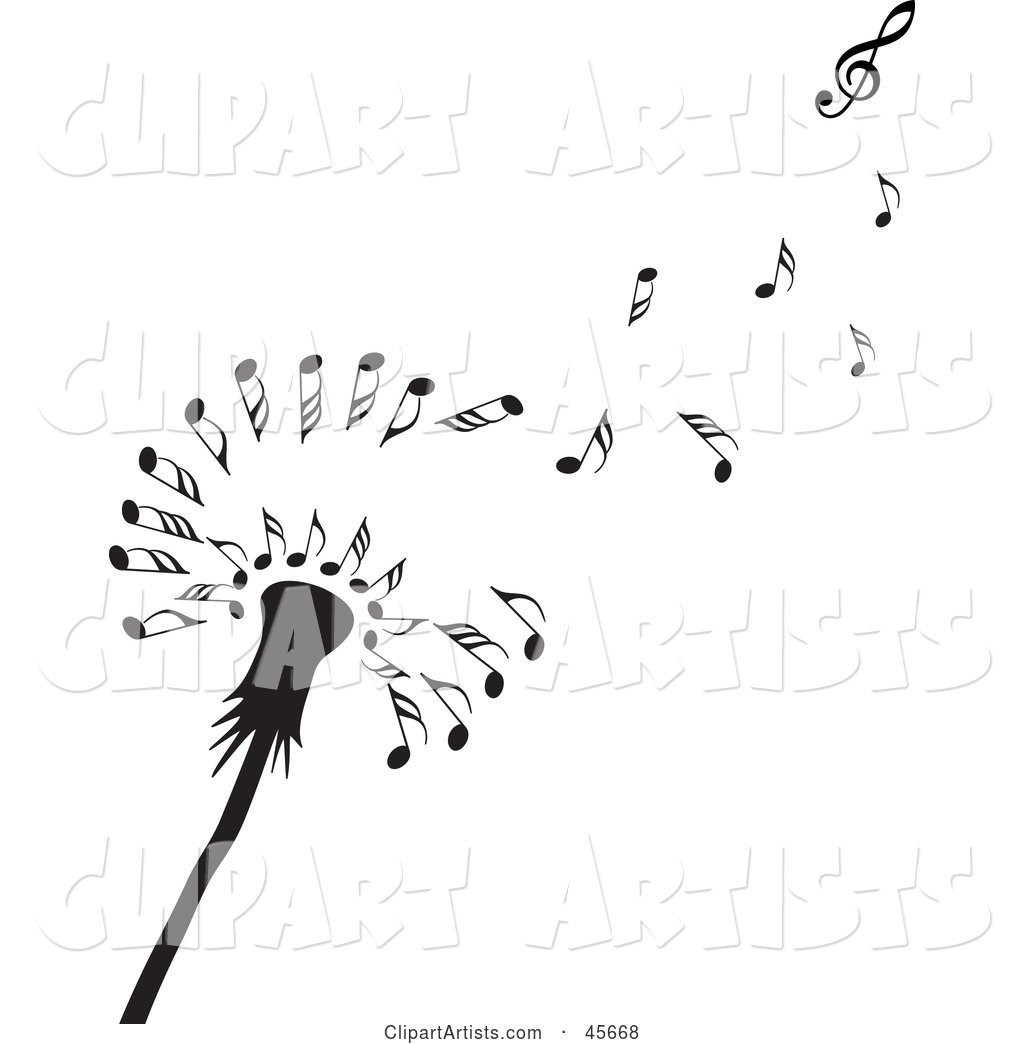 Black Dandelion Seedhead with Music Notes Floating off in the Wind
