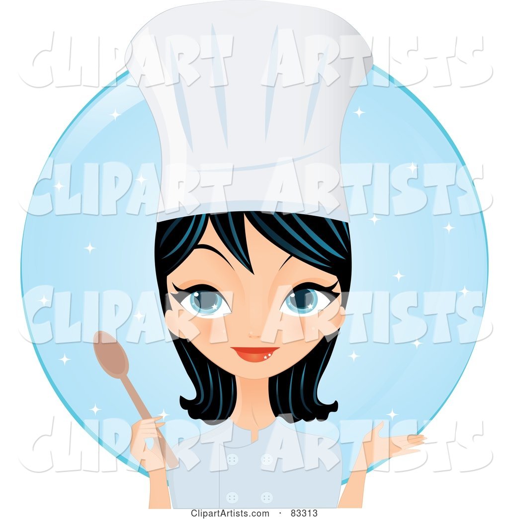 Black Haired, Blue Eyed Female Chef Gesturing and Holding a Spoon in Front of a Blue Circle