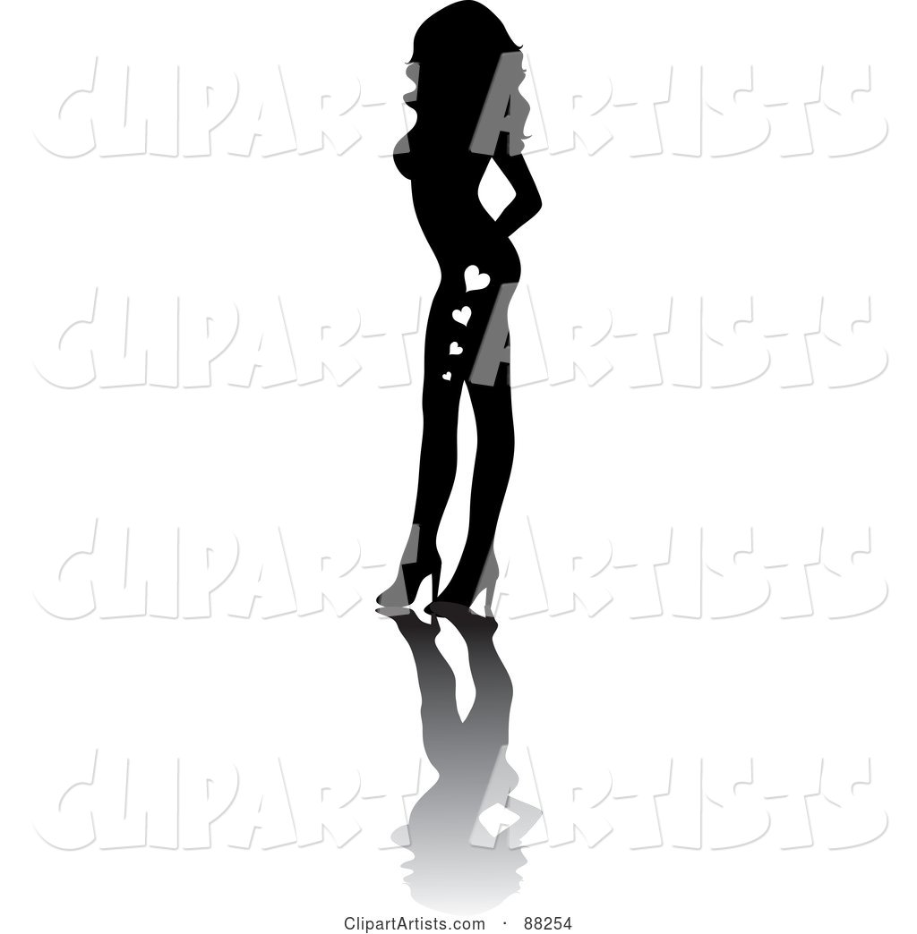 Black Sexy Silhouetted Pinup Woman with Hearts on Her Legs, Posing in Heels